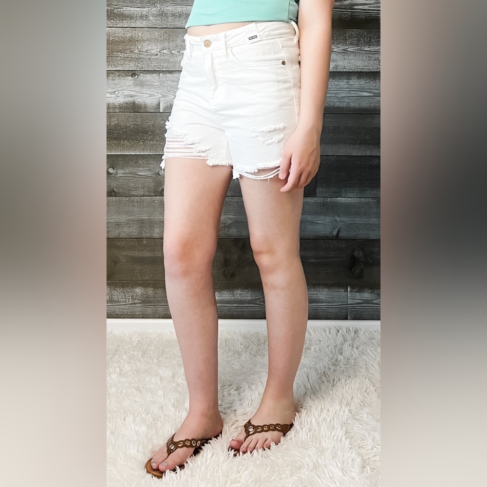 judy blue rigid magic high waist destroyed white denim shorts JB150264 WHT small - Picture 5 of 13